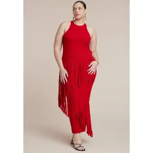 ELOQUII Women's Plus Size Ribbed Fringe Maxi Dress