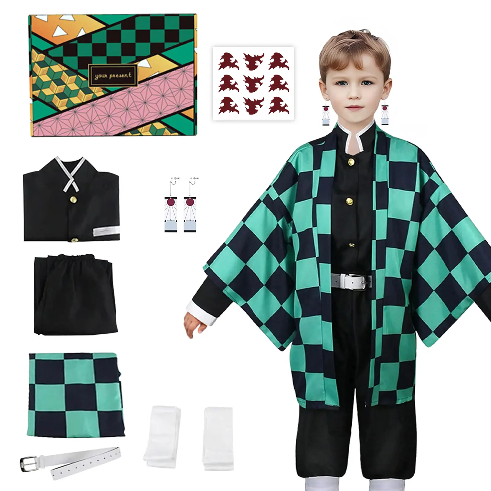 Kids' Anime Cosplay Costumes with Accessories, Japanese Halloween Outfit Set, Tanjiro-Muichiro Role Play Uniform for Boys & Girls, Anime Costumes, Demon Slayer Costume