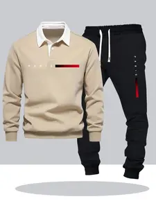 Men's Paris Print Polo Sport Set, Polo Neck Sweatshirt & Drawstring Joggers, Urban Casual Daily Wear Fashion, Streetwear Tracksuit Set