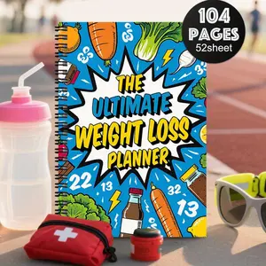 1 Weight Loss Plan & Health Journal - Structured Fitness Program, Daily Workout Plan for Men and Women - Vibrant blue design featuring fruits, vegetables, and progress trackers, perfect for office use.