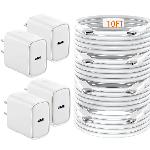 GQOHRT 4-Pack 20W MFi Certified USB-C to Lightning USB Fast Charging Chargers with US Plug, 10ft Cables - 3x Faster Charging, 20W Power Phone Accessories for iPhone 14/13/12/11/XS Series