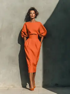 Elegant Batwing Sleeve Midi Dress for Women, Spring Summer Round Neck Waist Cinch Top, Casual Style Long Dress