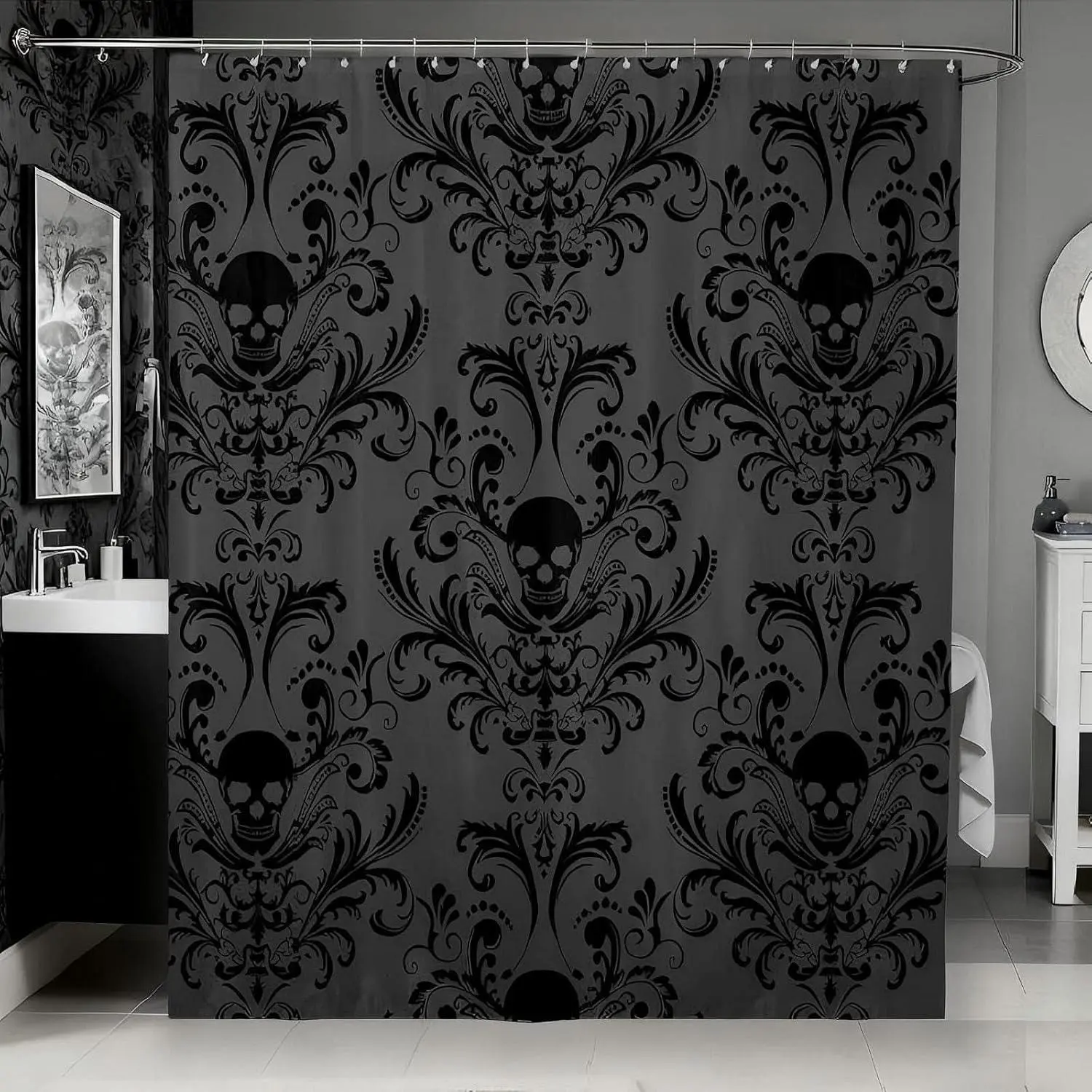 Feelyou Washable Multi-Size Vintage Gothic Bathroom Decor Set - Black Damask Waterproof Fabric Shower Curtain with Digital-Print Antique Victorian Floral Print, Exotic Sugar Skulls Accessory, Floral Print Curtains