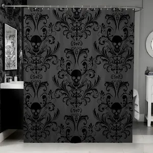 Feelyou Washable Multi-Size Vintage Gothic Curtain Set - Black Damask Waterproof Fabric Shower Curtain with Digital Print Antique Victorian Floral & Exotic Sugar Skulls Bathroom Accessory,summervibes