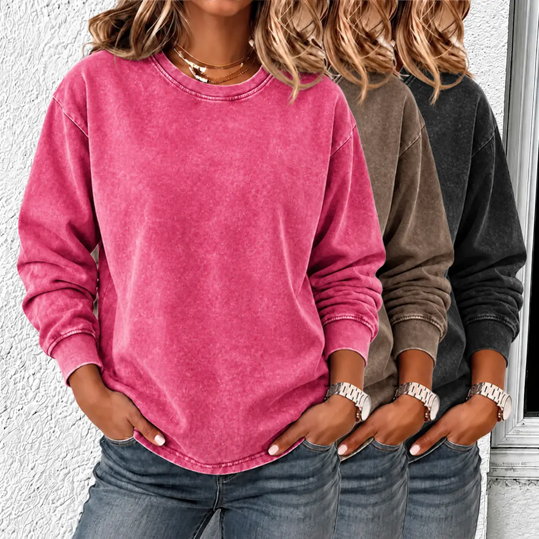 【3-Pack】Women’s Pure Cotton Vintage Wash Sweatshirts, Soft Long Sleeves, Loose Casual Pullover Tops — Women’s everyday street-style basic pieces.Lightweight solid-color sporty layered set