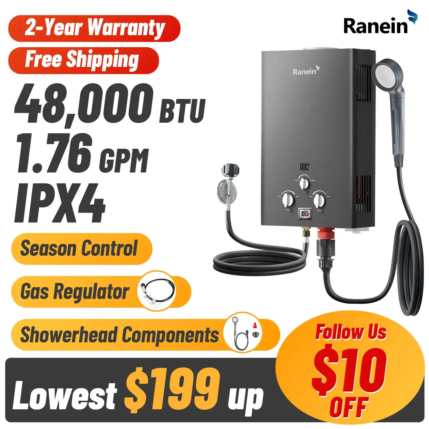 Ranein 8L Tankless Water Heater, Propane Gas, Outdoor Up to 2.11 GPM, 48,000 BTU On-Demand Instant Hot Water Heater