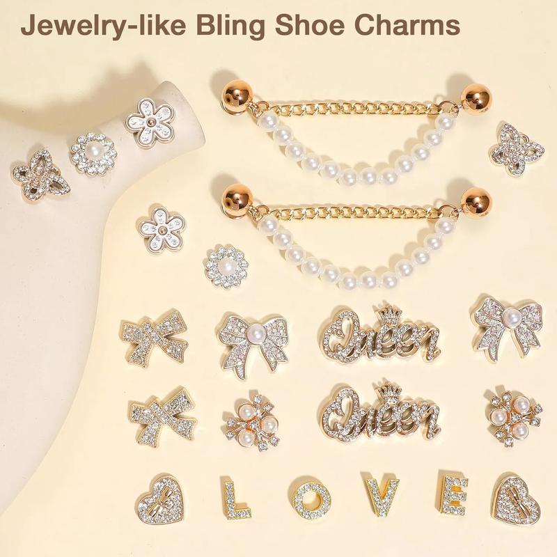 SOGLLQAM Bling Rhinestones and Pearls Shoe Charms Set with Sparkling Shoe Chains, LOVE Queen Letter Charms for DIY Women's Clog Sandals Decor | Trendy Shoe Accessories for Party Girls and TikTok Fashion Gifts