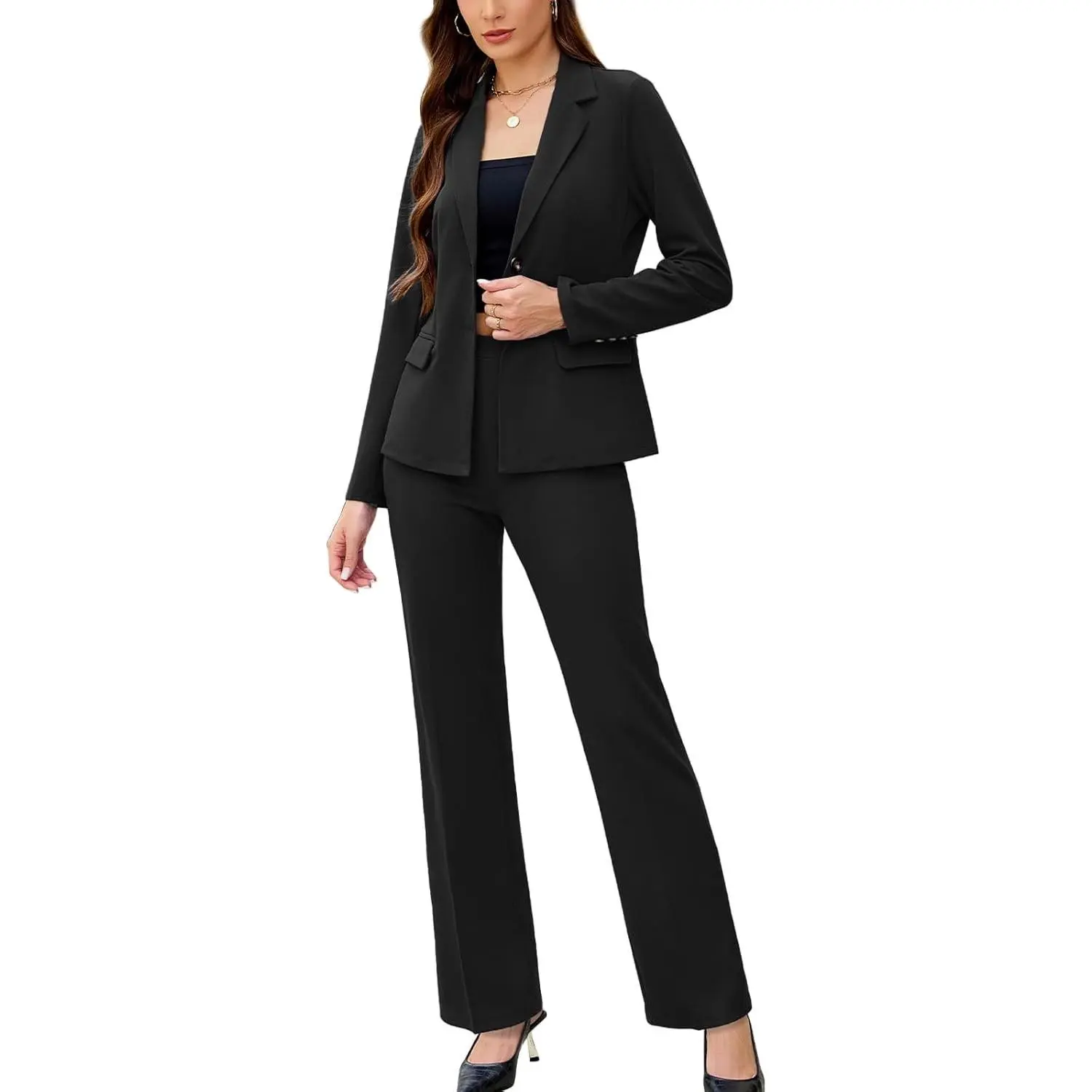 Women's 2-Piece Solid Fabric Pantsuits - Long Sleeve Business Casual Office Outfits, Work Clothes 2-Piece Set for Professional Use, Two Piece Set