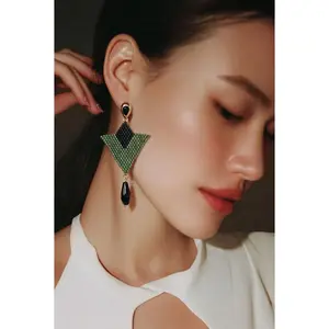 Green Beaded Triangle Earrings Geometric Dangle