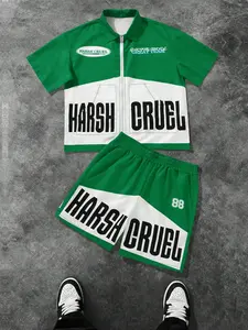 Harsh Cruel Retro Colorblock Motorcycle Style, Open Collar Short Sleeve Tee with Waistband Shorts, Unisex Sportswear, Loose-Fitting Summer Outfit, Sporty Set