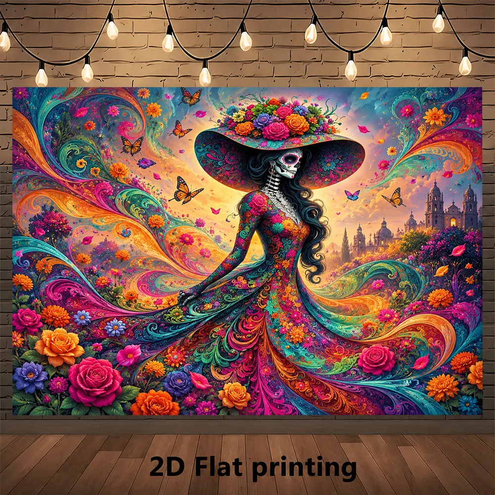 Dia de los Muertos Colorful Floral Skeleton Backdrop, Papel Picado Marigold Artistic Mexican Festival Background for Party Photo Booth