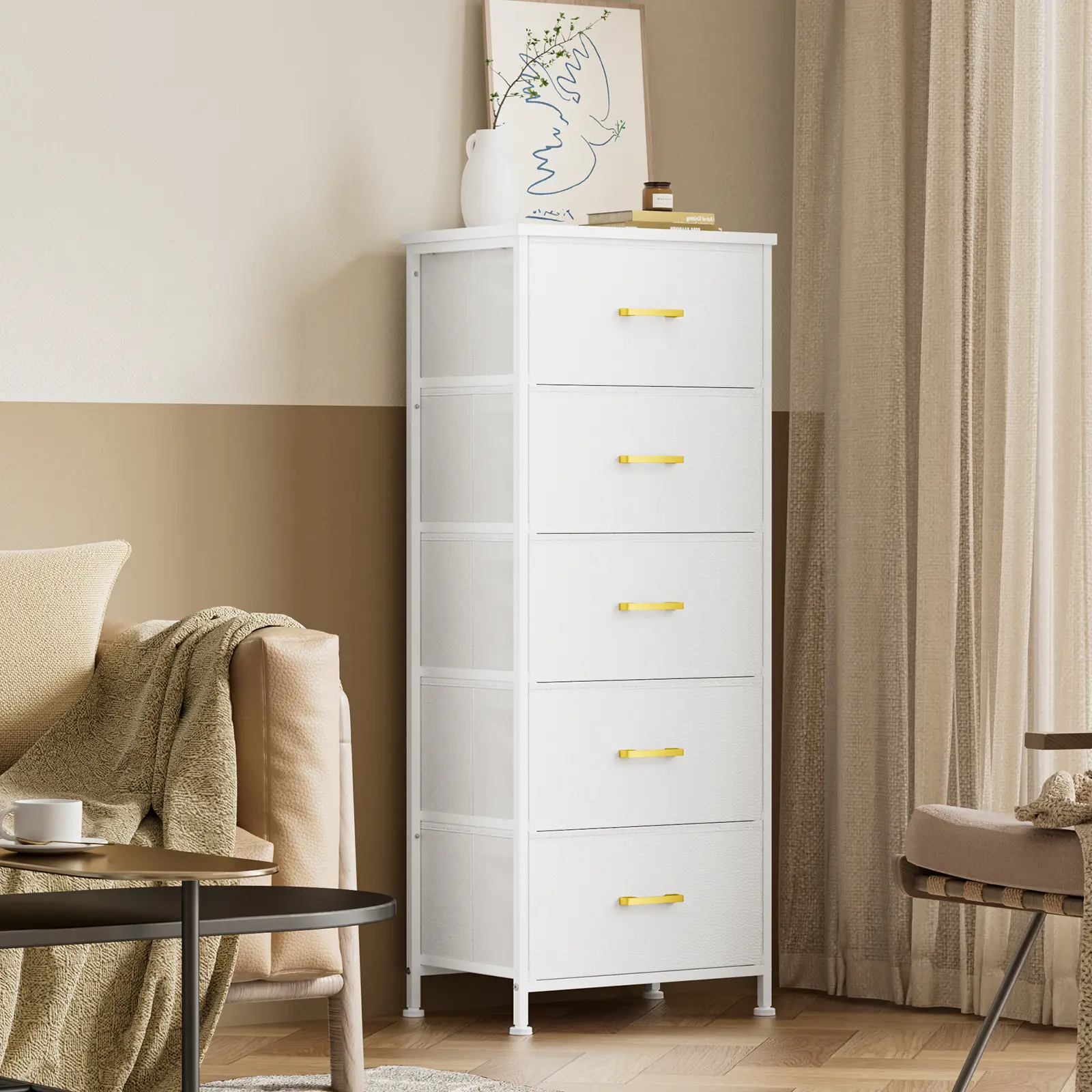 Tall Storage Drawer Dresser for Bedroom, 5-Drawer Chest with Metal Handles, Leather Front, Wood Top, Ideal for Closet, Living Room, Nursery, White Cab