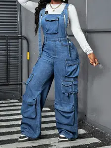 Women's Adjustable Straps Wide Leg Denim Jumpsuit, Streetwear Jumpsuits - Casual Workwear Overalls with Loose Fit, Machine Washable Streetwear Outfit for All Seasons, Versatile Clothing, Comfortable Material, Casual Attire, no elasticity