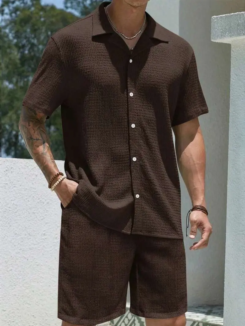 YAMAN 2pcs/Set Fashionable European Style Jacquard Casual Brand Loose Short Sleeve Shirt And Pants Beach Holiday Outfit, Suitable As Gift For Husband/Boyfriend