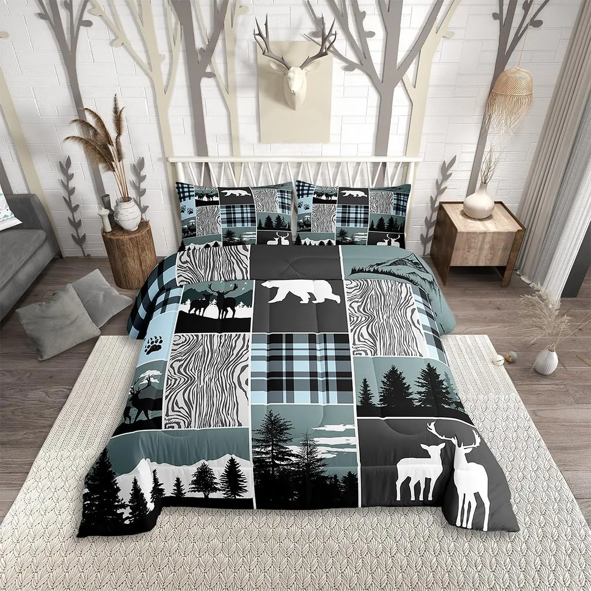Feelyou Plaid Bear Cabin Microfiber Comforter Set - Rustic Farmhouse Camper Decorative Bedding, Gray-Blue Hunting Christmas Deer Duvet Insert, Woodland Lodge Quilt, Decorative Bedding Set, Microfiber Bedding Set