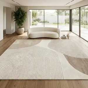 Washable Cream Neutral Area Rug 8x10 5x8 4x6 ft. Super Soft Velvet Indoor Carpet with TPR Non-Slip Backing. Minimalist Abstract Wavy Floor Mat for Living Room Bedroom Dining. Pet Friendly Easy Clean Cozy Room Decor Suitable for Any Scene in Your Home.