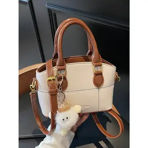 Contrast color stitching mini handbag, small and exquisite with plush cute pendant, fashionable and versatile, casual, multi-color optional, can be carried by hand or cross-body, niche design suitable for daily travel, shopping, etc., Hand Shoulder Bag