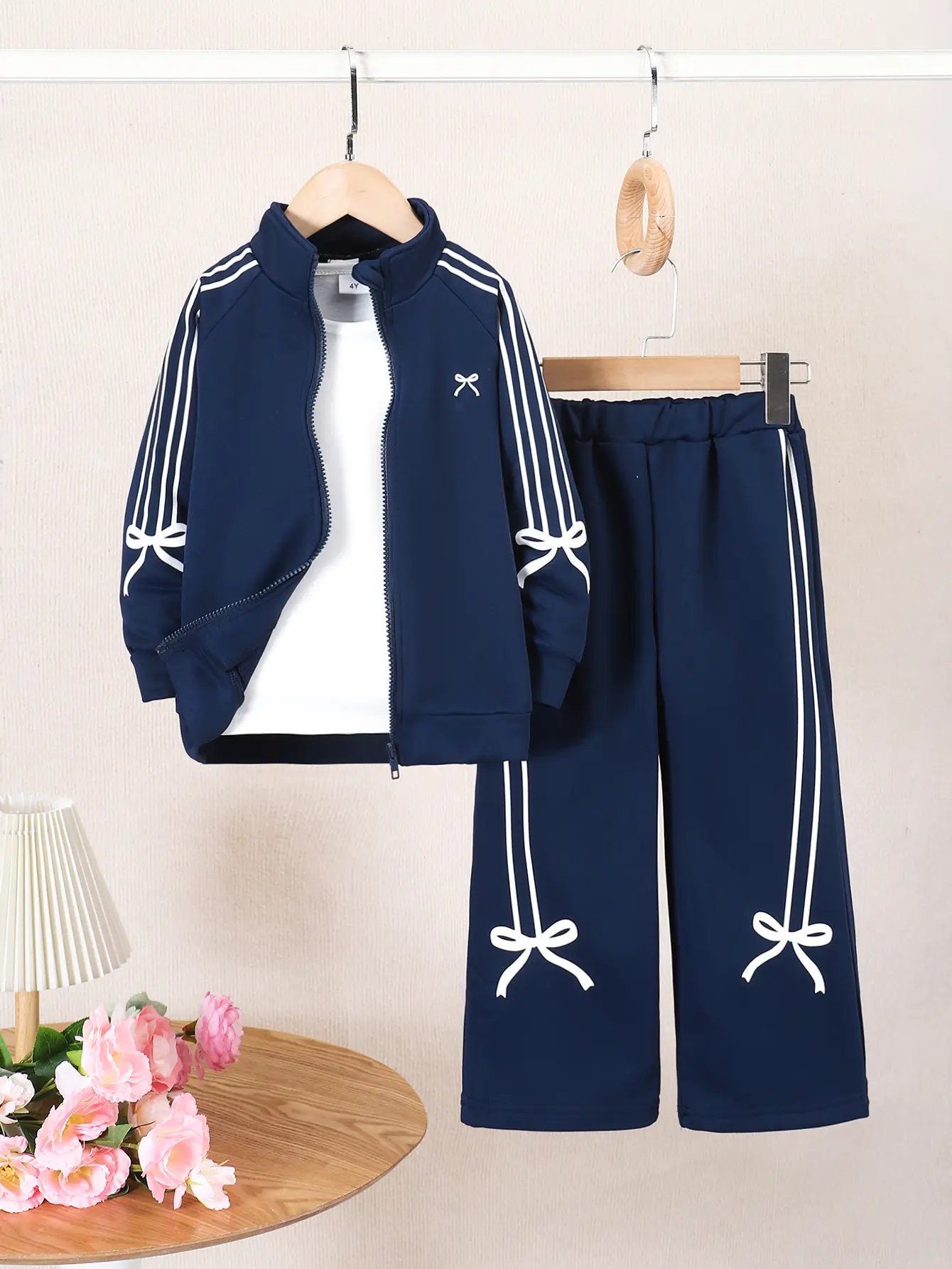 Girls 2-Piece Clothes Set Bow Accents Zip-Up Jacket + Matching Pants, 4-7Y Casual Activewear Navy Blue