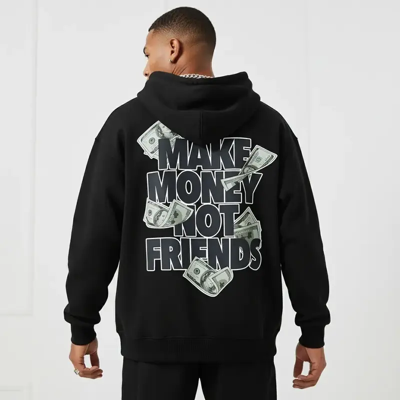 Men's MAKE MONEY NOT FRIENDS Graphic Hoodie - Cotton Blend Long Sleeve Pullover Regular Fit |   Soft & Breathable Fabric, Durable Print, Everyday Comfort, Machine Washable, urban streetwear city backdrop