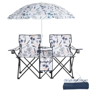 2-Seat Folding Fishing Chair with Sun Umbrella, 59 Inch Coconut Tree Pattern Oxford Steel Frame Outdoor Lounge Chair, 180LBS Capacity