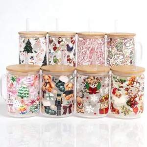 Sip-Sip Hooray! 17oz 2025 Christmas Glass Mug with Lid & Plastic Straw, Holiday Coffee Cup Gift, Cute Reusable Tumbler for Her, UVDTF Print, Dishwasher Safe Bamboo Bottle