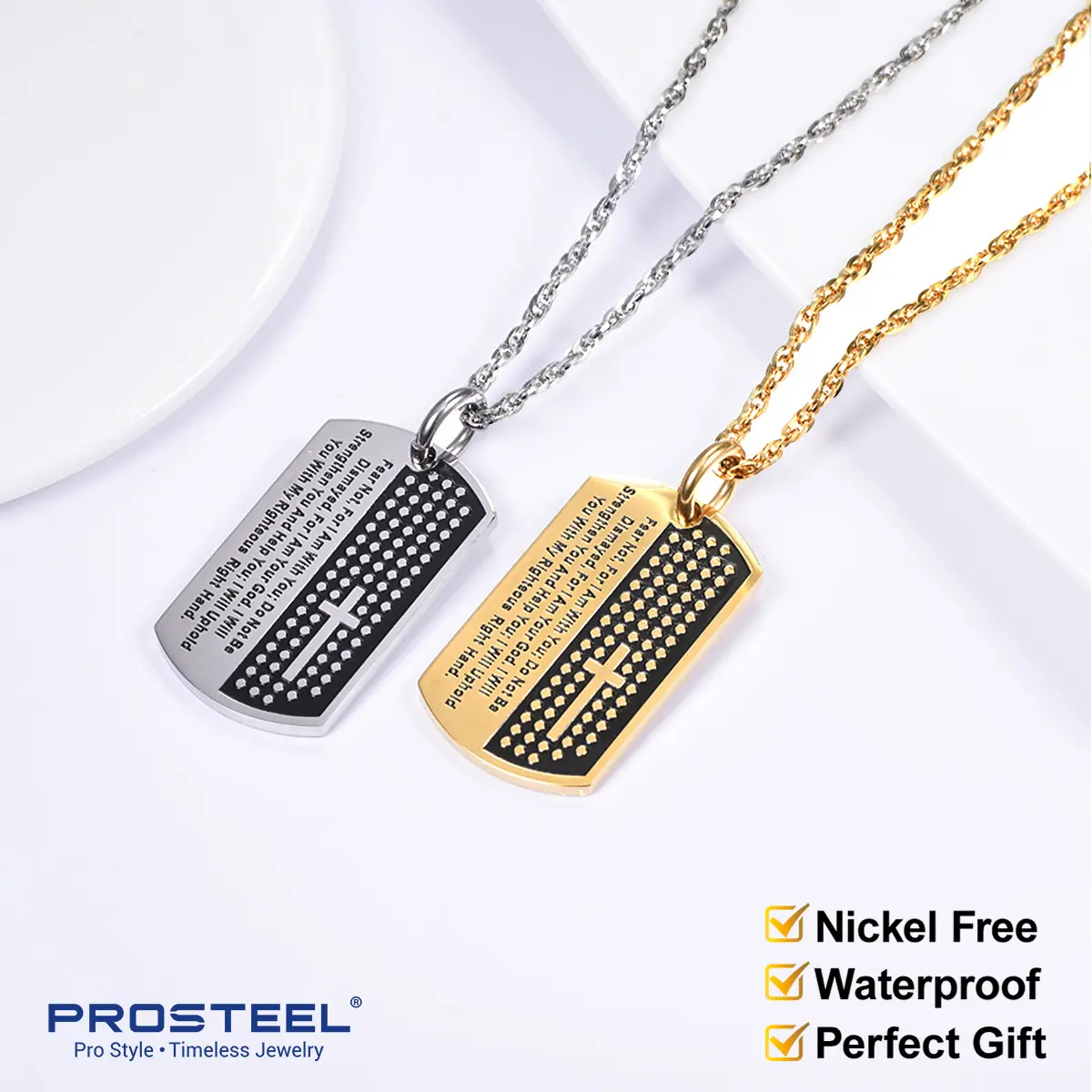 PROSTEEL Cross Tag Pendant Necklace Stainless Steel Chain Necklaces Pendants Jewelry Holy Bible Christian Unique Design For Women Men Gift Box