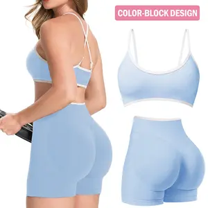 Jetjoy 2 Pieces Workout Sets for Women, Womens 2 Piece Workout Sets Seamless Color Block Sports Bra Scrunch Butt Lifting High Waist Shorts Gym Set Tracksuit,summervibes