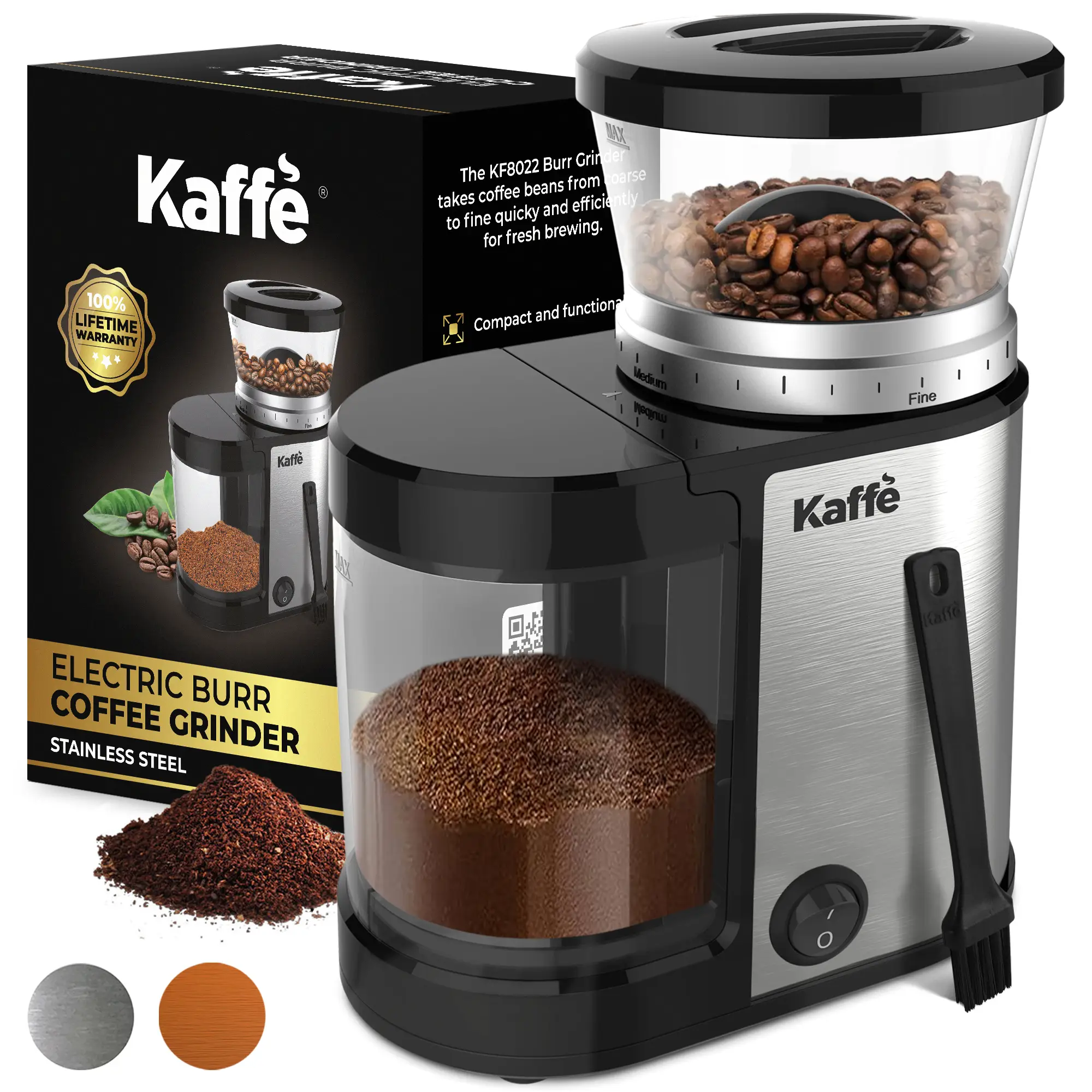 Kaffe Burr Coffee Grinder Electric w/Adjustable Settings for Precision Coffee Bean Grinding (5.5oz Capacity) Cleaning Brush, Stainless Steel