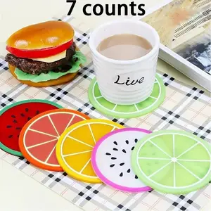 7 Counts Fruit Coaster, 8.89cm Non Slip Car Coaster, Heat Insulation Silicone Drink Cup Mat, Colorful Unique Slice, Car Decor
