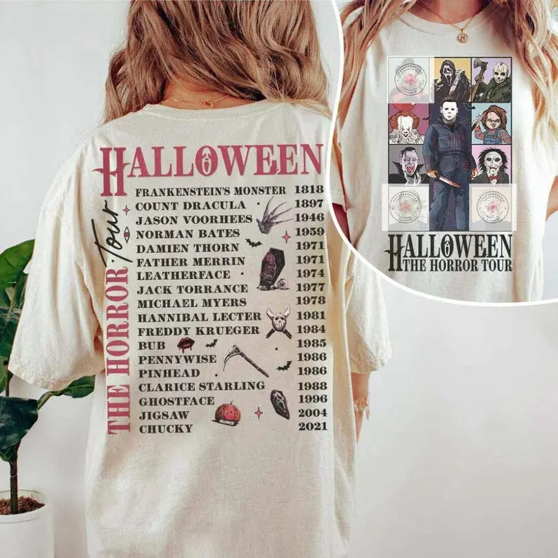 Two-sided Horror Characters Halloween Shirt, Horror Movie, Halloween Horror Nights 2025, Halloween Friends Group Matching, Trick or Treat