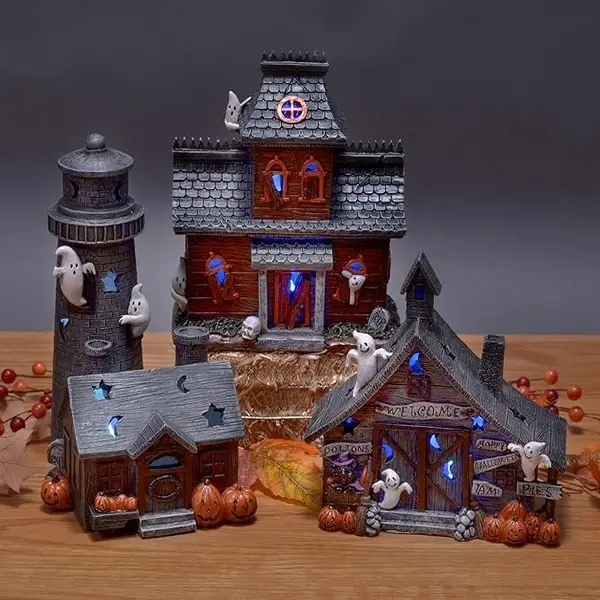 Spooky Halloween Color Changing Pre-Lit LED Haunted House Village Set, 8 Inch, Set of 3