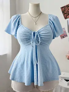 Sweetra Plus Size T-Shirt – Cute Square Neck A-Line Top with Cap Sleeves, Textured Pullover for Daily Wear, Casual Outfits, Comfortable Womens Fashion