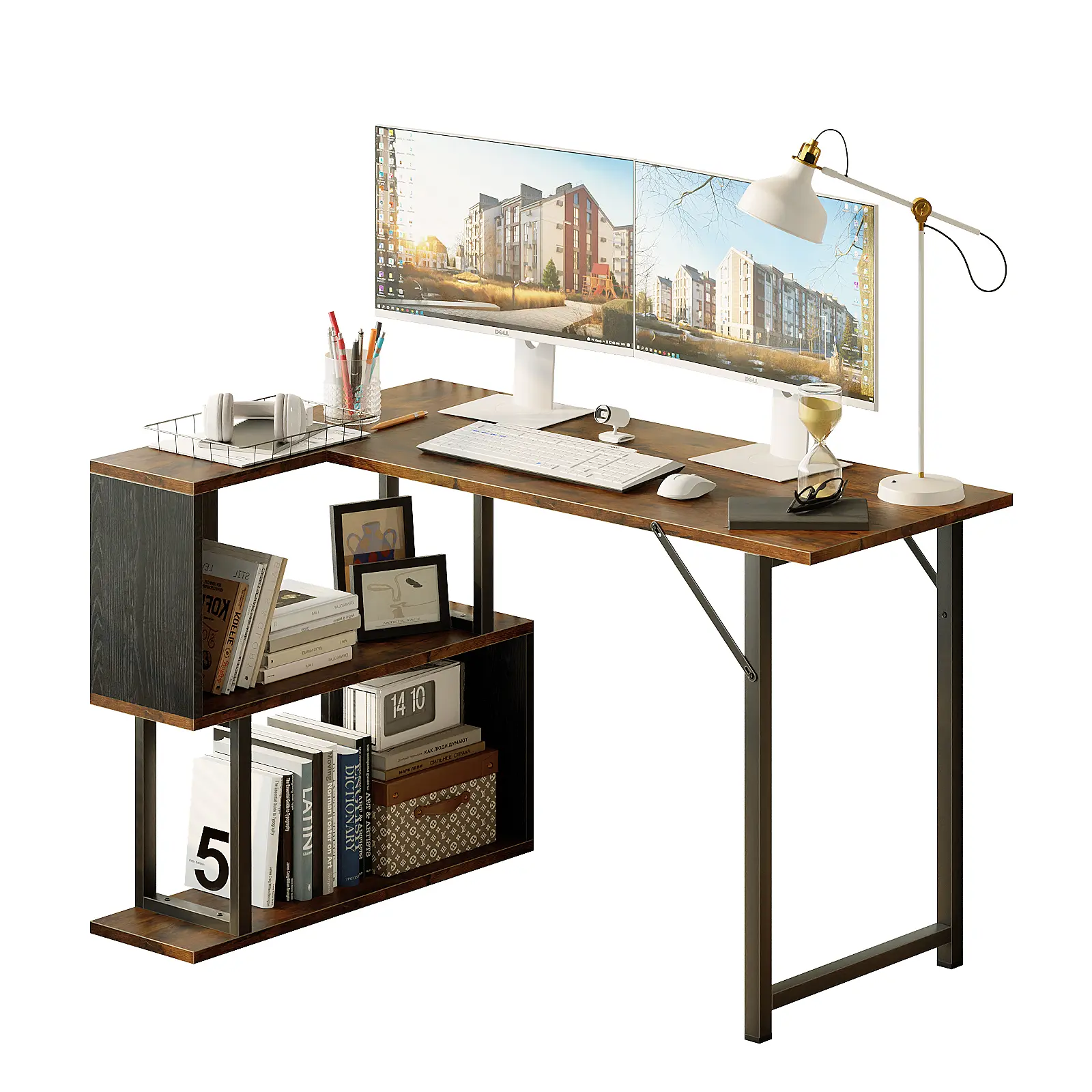 ALISENED L Shape Super Minimal Storage Multifunctional Efficient Work Table, Modern Desk with Shelf for Living Room, Office Wooden Executive Desk
