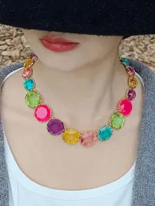 Colorful Octagonal Crystal Necklace, Rainbow Candy Gemstone Ladies' Eye-Catching Pendant, Chain Fashion Jewelry