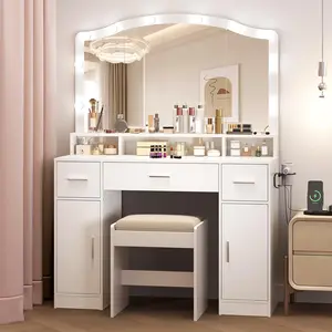 Large Vanity Desk with Mirror and Light - Dressing Table Set with 3 Drawers - 2 Cabinets Vanity with 10 LED Lights for Bedroom/Bathroom - Storage Stool/Power Outlet (White)