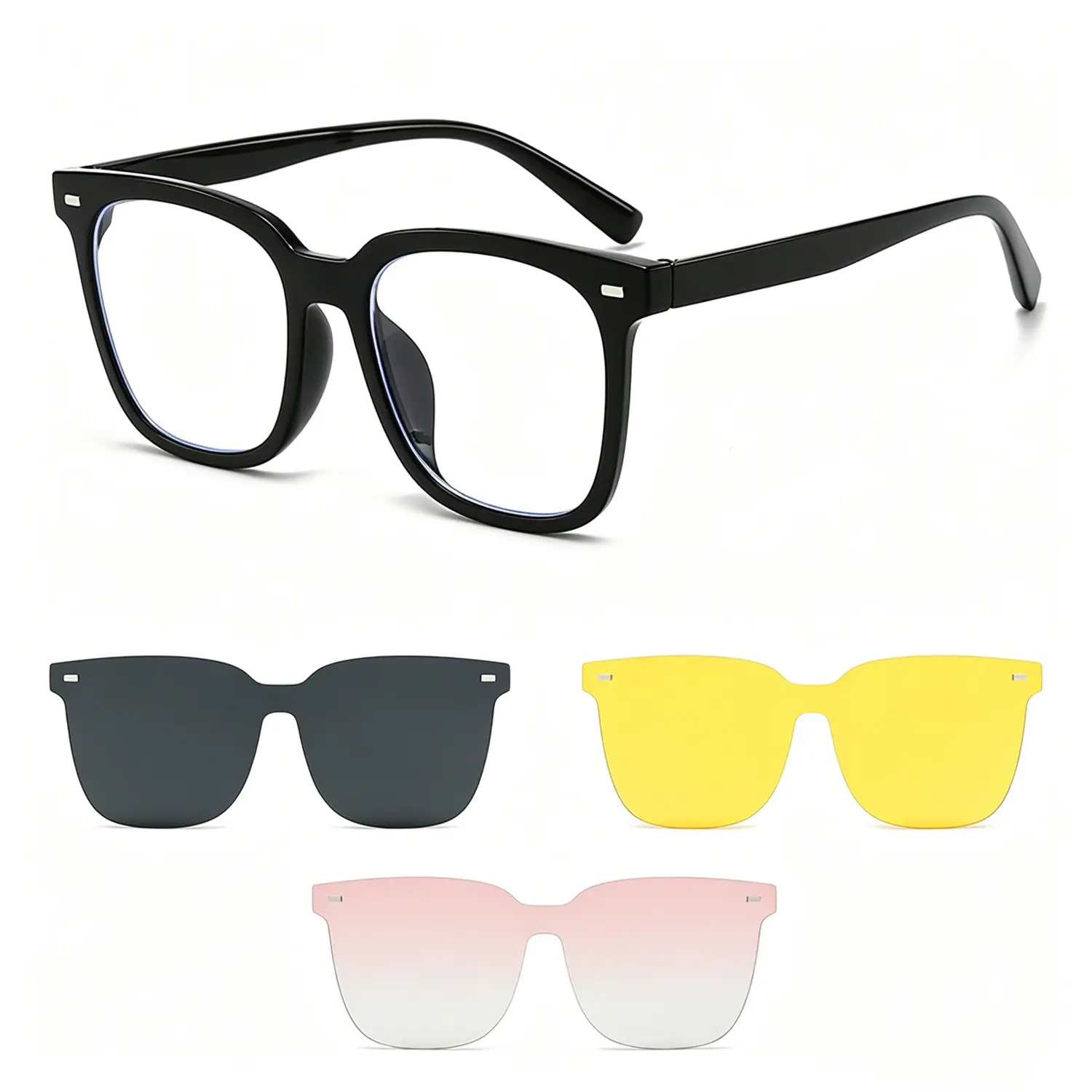 3-in-1 Magnetic Clip-On Glasses, Square Frame Night Vision & Sun Shades, Fashion Driving Glasses for Men & Women Unisex Square Frame Magnetic Clip-On Sunglasses, Night Vision Yellow Lens, Anti Blue Light Glasses for Driving & Outdoor Use
