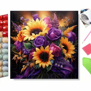 Sunflower & Purple Rose Bouquet Diamond Painting Kit - 5D Full Drill Rhinestone Embroidery, Vibrant Floral DIY Wall Decor, Elegant Flower Art Gift for Bedroom & Living Room