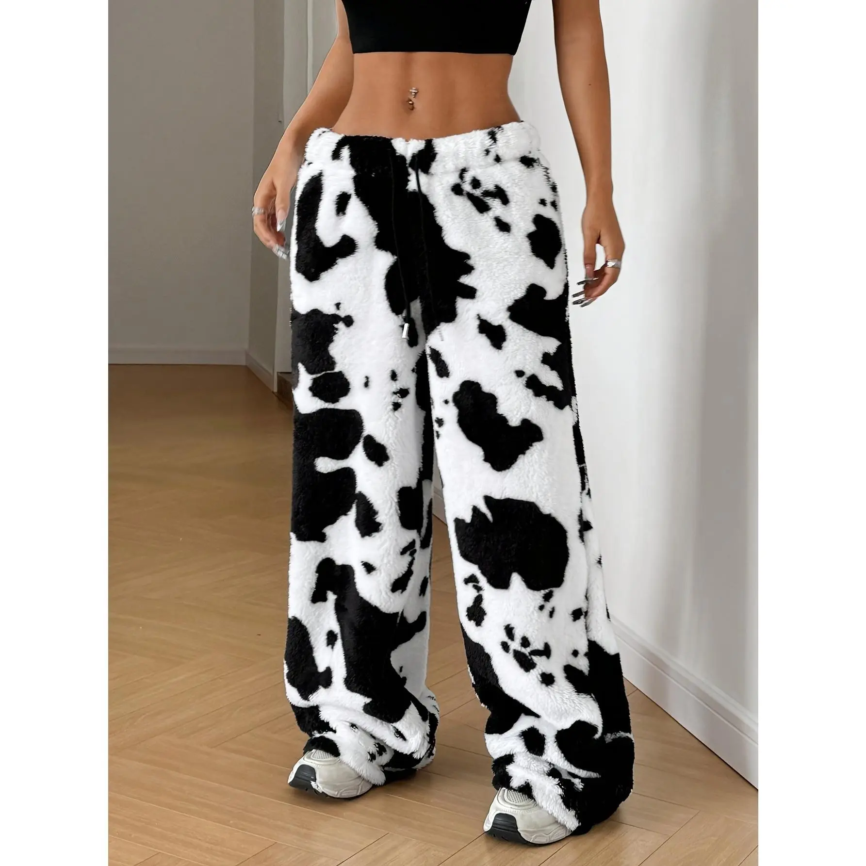 White cow leopard print+black drawstring