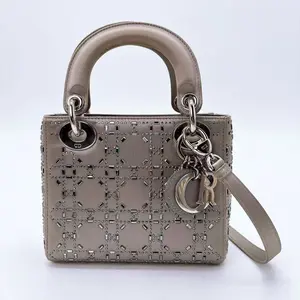 Pre-owned Dior satin Crossbody Bags Christian Crystal Cannage Mini Lady Gray