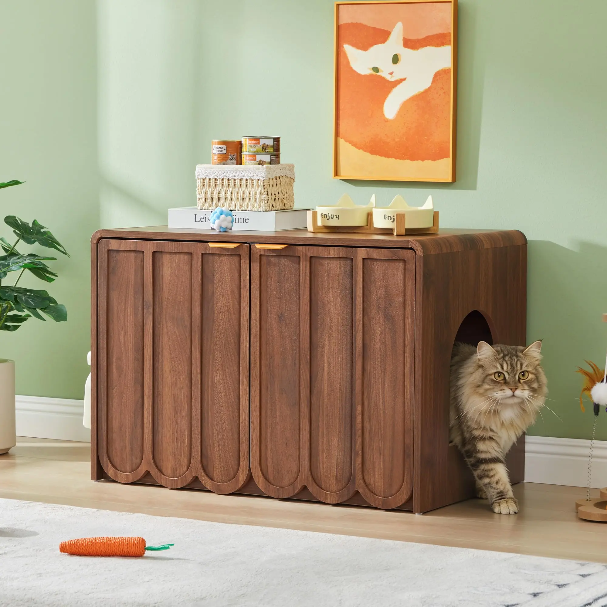 Giratree Cat Litter Box Enclosure Furniture, Hidden Cat Litter Box Cabinet with Scalloped Doors, Modern Cat House with Gold Handle, Reversible Entry, Pet Washroom Furniture Indoor