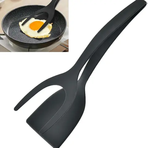 Grip & Flip Spatula Tongs - 2-in-1 Non-Stick Egg Flipper & Food Turner for Pancakes, Fish - Black Cooking Gadget, Kitchen Gadgets, Household Kitchen Tool