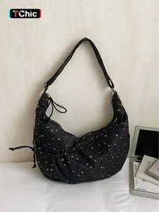 Star print crescent shaped shoulder bag | Lazy silhouette with star print and drawstring details, comes with an atmosphere, can be worn on one shoulder or under the armpit, adjustable wide shoulder strap for comfortable shoulder holding, can hold computer