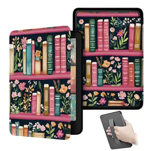 Vintage Bookshelf Kindle Case with Hand Strap | Auto Sleep/Wake | Floral Protective Cover for 7 inch kindle paperwhite 12th generation / kindle colorsoft signature edition 2024