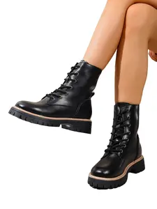Women's Combat Boots with Laces, Stylish Preppy Style, Trendy Daily Wear Shoes, Fashionable Footwear for Women