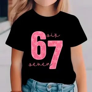 Girls' Funny 67 Number Graphic T-Shirt - Pink & Bold 67 Design with Hearts & Stars - Soft Stretch Knit Round Neck Casual Everyday & Birthday Outfit - Spring Summer Fall Playwear - Funny Age Number Tee for Girls (67 Years Old Humor) - Trendy Street Style