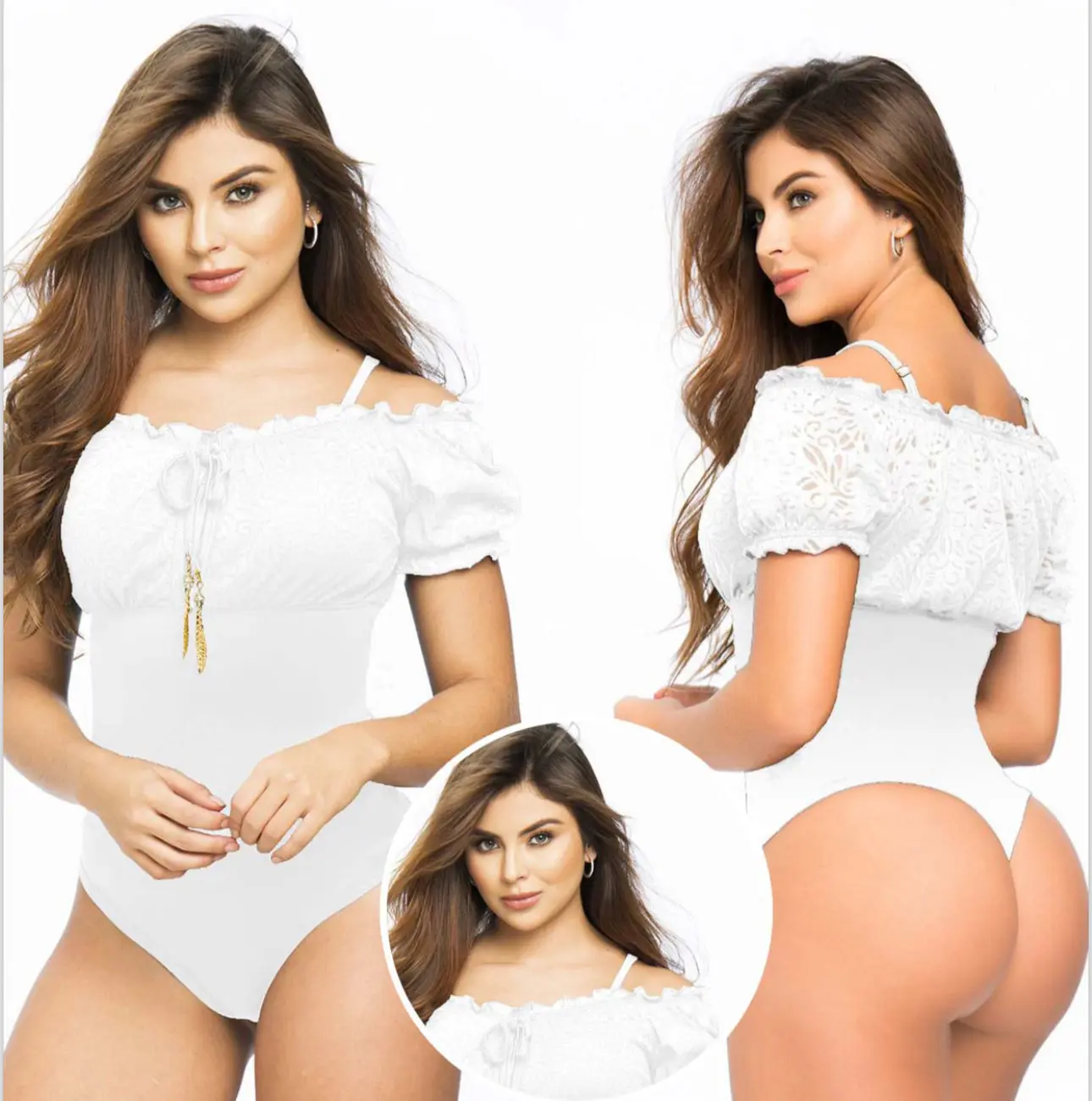 White Short-sleeve Bodysuit with Ruffles and Lace