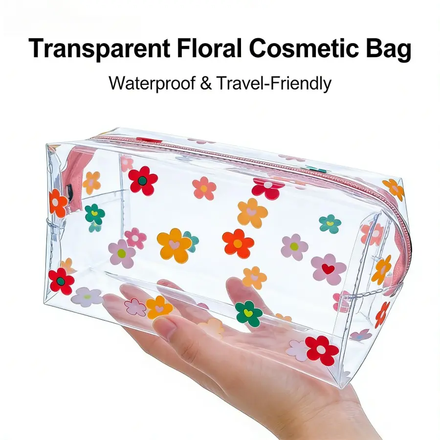 Transparent Flower Makeup Bag, Waterproof Transparent PVC Travel Cosmetic Bag, Cute Floral Pattern Portable Zipper Wash Bag