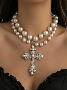 Pearl Cross Necklace, Large Cross Pendant Necklace, Women's Bold Pearl Necklace, Gothic Cross Necklace, Punk Style Rough Personality Jewelry