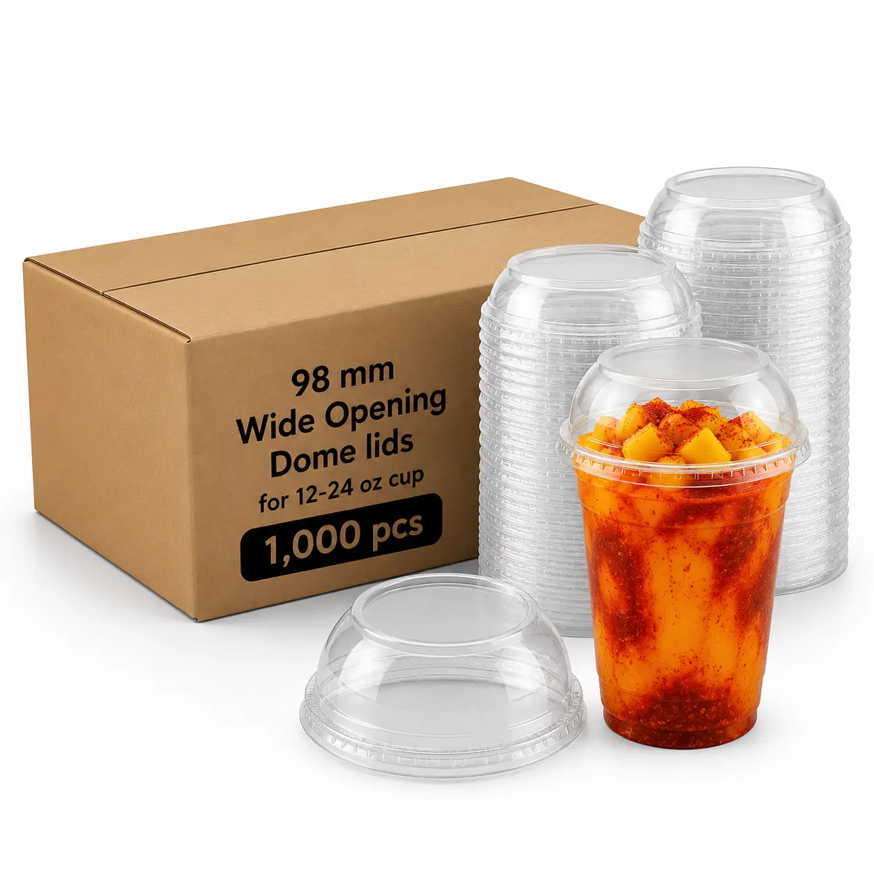 Wide Opening Dome Lids for 12-24oz Cup 98mm 1,000 pcs Clear Plastic Lids for Smoothies & Beverages