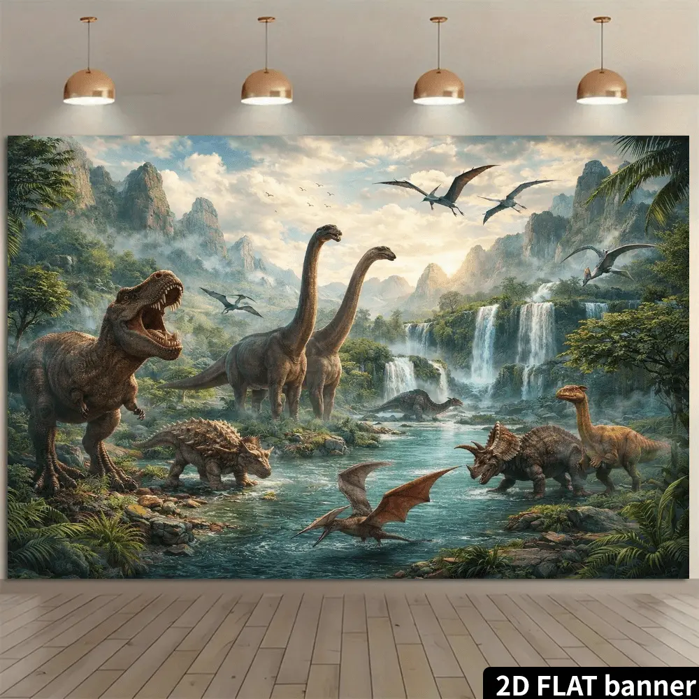 2D Dinosaur Wall Tapestry & Photo Backdrop Suitable for Indoor/Outdoor - -Rex, Brachiosaurus, Ankylosaurus & Pterosaur Jungle Theme Decor, Natural Green Tone, Durable for Parties, Science Events, Wall Decoration, 2D Flat Halloween Christmas Room Gift